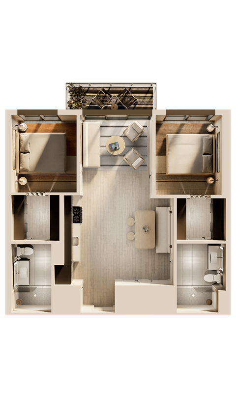 Floor plan for 2 beds, 2 baths, 919 sqft
